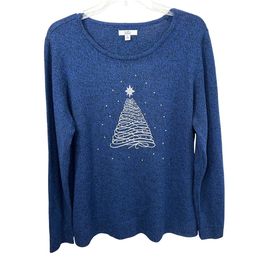 Croft & Barrow XL Sweater Blue Marled Christmas Tree Rhinestone Pullover 1148